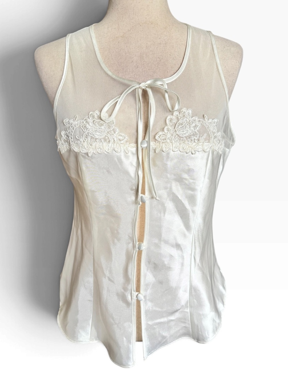 Vintage Cream Satin Lace Tie-Front Tank